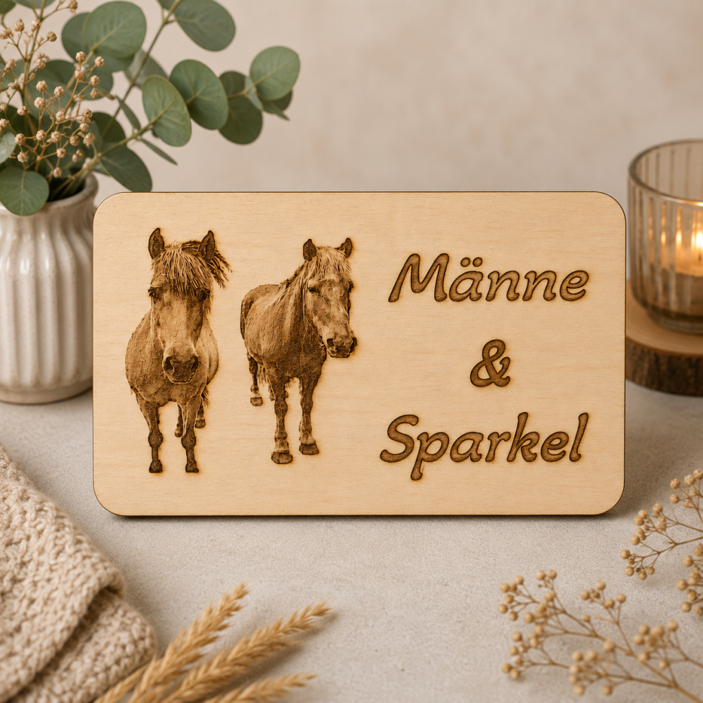 Personalisiertes Holzschild mit Fotogravur & Wunschtext – 20 × 12,5 cm